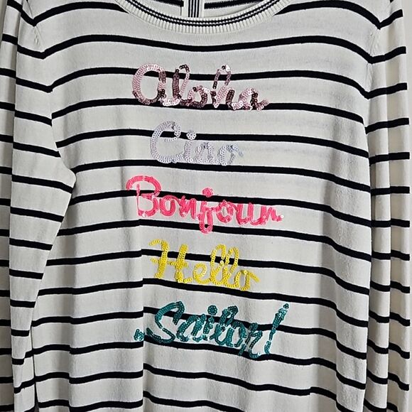 TALBOTS Ivory Hello Sequin Button-Back Crewneck Sweater Medium Black Striped - Picture 3 of 12
